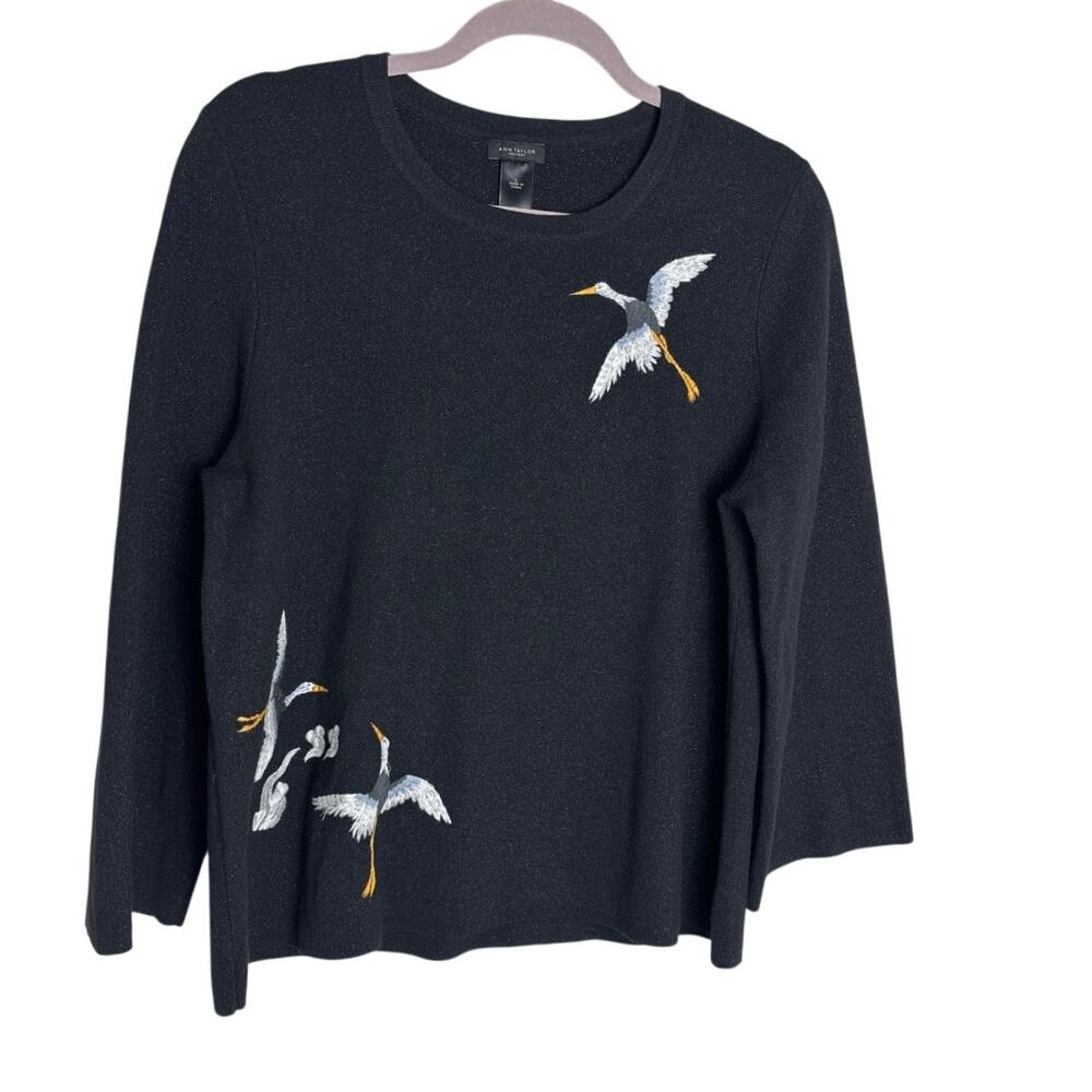 Ann Taylor Factory Black Metallic Sweater Embroidered Crane Bell Sleeve Large